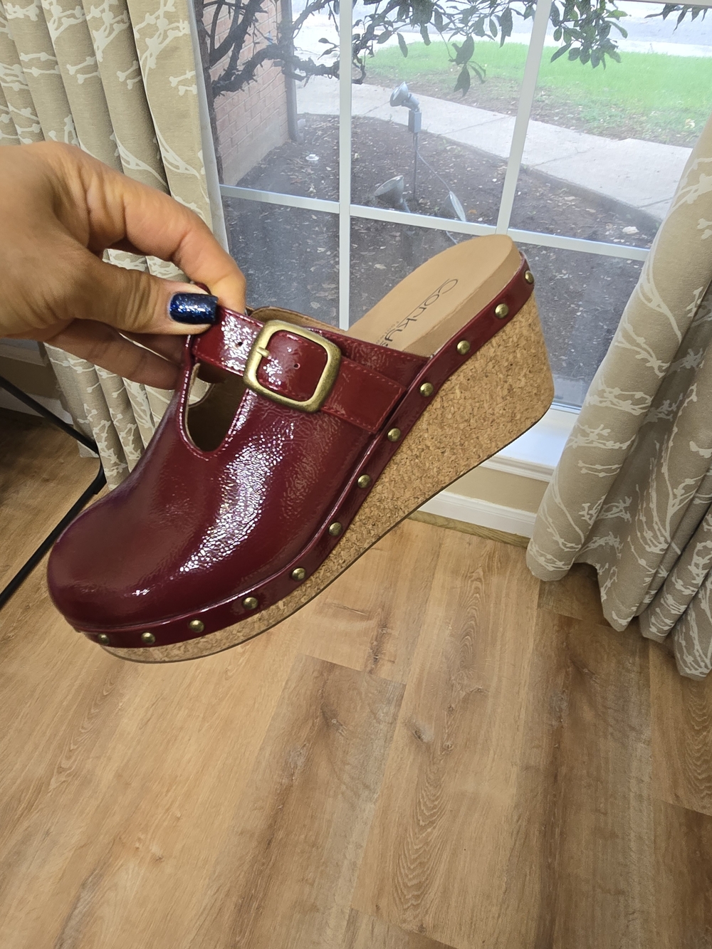 Corkys Burgundy Patent Wedge Mule with Gold Studs